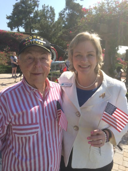 rvine Community Services Commissioner Melissa Fox with her father, Korean War veteran Stan Kay, at Memorial Day ceremony at Col. Bill Barber Marine Corps Memorial Park