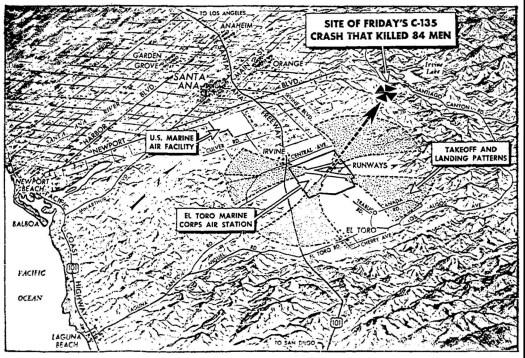 Map showing location of where U.S. Air Force C-135 aircraft crashed after leaving El Toro Marine Corps Air Station killing all 84 on board. This graphic was published in the June 26, 1965 Los Angeles Times.